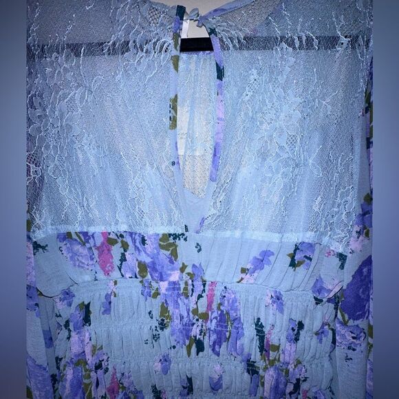 Free People | Daphne Blouse in Silver Blue Long Sleeve Lace Yoke & Cuff Size L - Picture 9 of 10